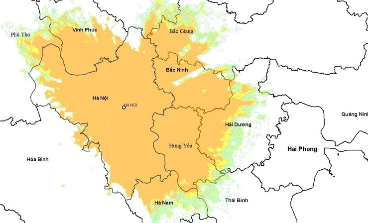 Bản đồ phủ sóng truyền hình số mặt đất của Công ty RTB tại Hà Nội và các tỉnh lân cận