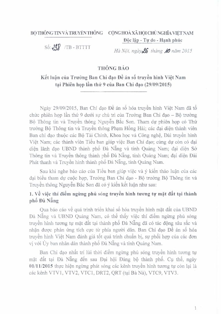 Kết luận của Trưởng Ban Chỉ đạo Đề án số truyền hình Việt Nam tại Phiên họp lần thứ 9 của Ban Chỉ đạo 29/09/2015