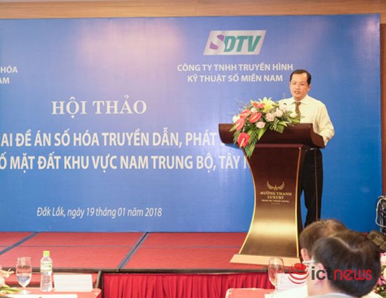 Ông Nguyễn Đức Hòa, Giám đốc Công ty Truyền hình kỹ thuật số miền Nam (SDTV) phát biểu tại Hội thảo.