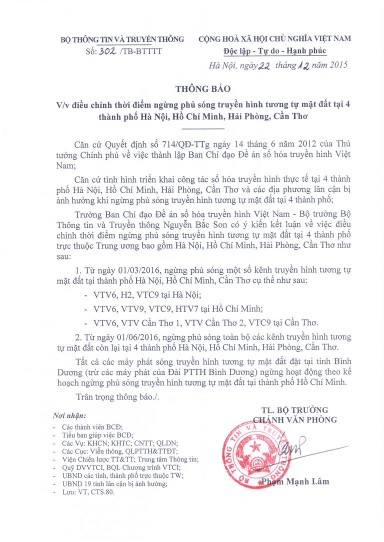 Thông báo điều chỉnh thời điểm ngừng phủ sóng truyền hình tương tự mặt đất tại 4 thành phố Hà Nội, Hồ Chí Minh, Hải Phòng, Cần Thơ