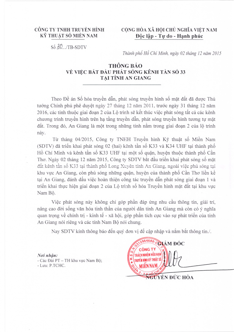 Thông báo về việc bắt đầu phát sóng kênh tần số 33 tại tỉnh An Giang
