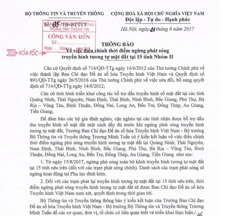 Thông báo về việc điều chỉnh thời điểm ngừng phát sóng truyền hình tương tự mặt đất tại 15 tỉnh Nhóm II