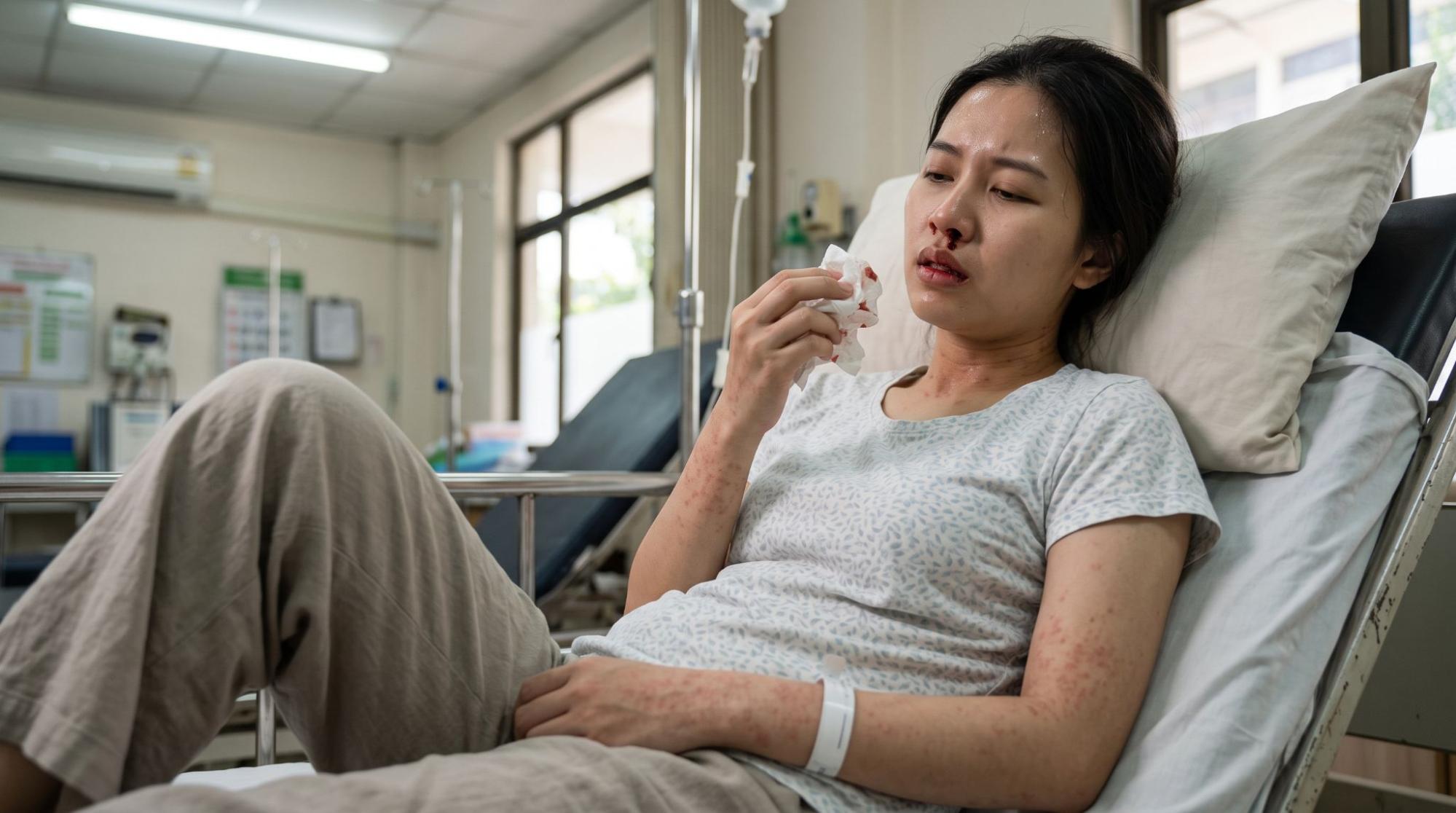 Chảy máu chân răng, chảy máu mũi, xuất hiện các chấm xuất huyết hoặc bầm tím dưới da.